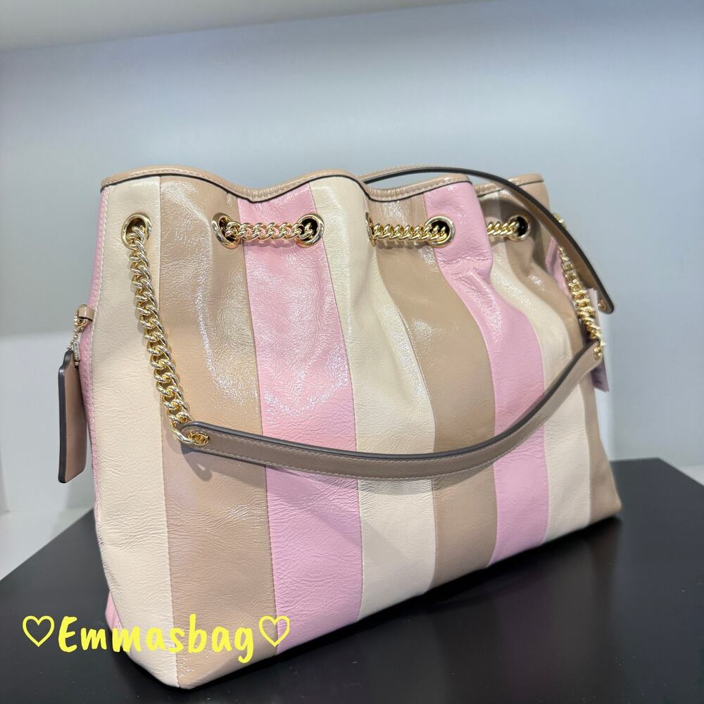 NWT Coach Evelyn Shoulder Bag With Striped Patchwork CDW41 Gold/Taupe Multi - Picture 4 of 8